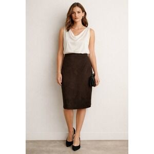 Chico's Faux Suede Midi Skirt Womens 2 Chocolate Brown Back Zip Lined Minimalist